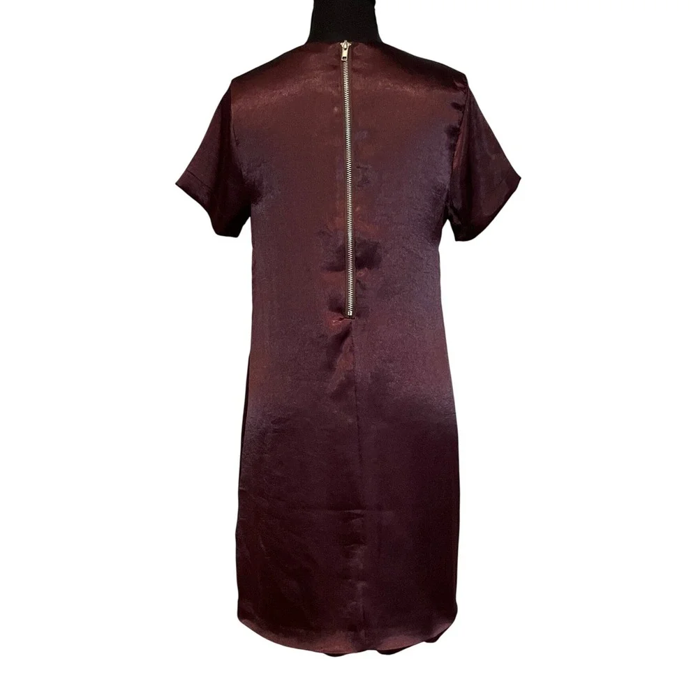 Olivaceous Burgundy Satin Shift Dress Short Sleeve Back Zip Size‎ S Cocktail